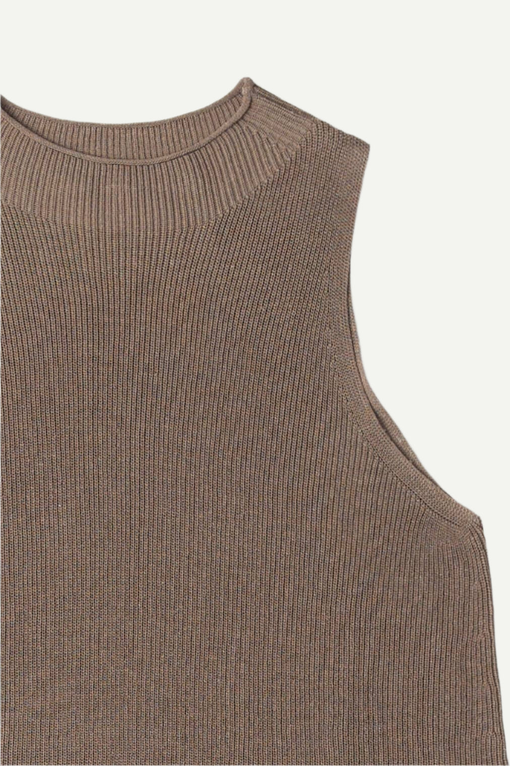 Flat lay of Nora Mock Neck Sweater Vest in Taupe showing right arm.