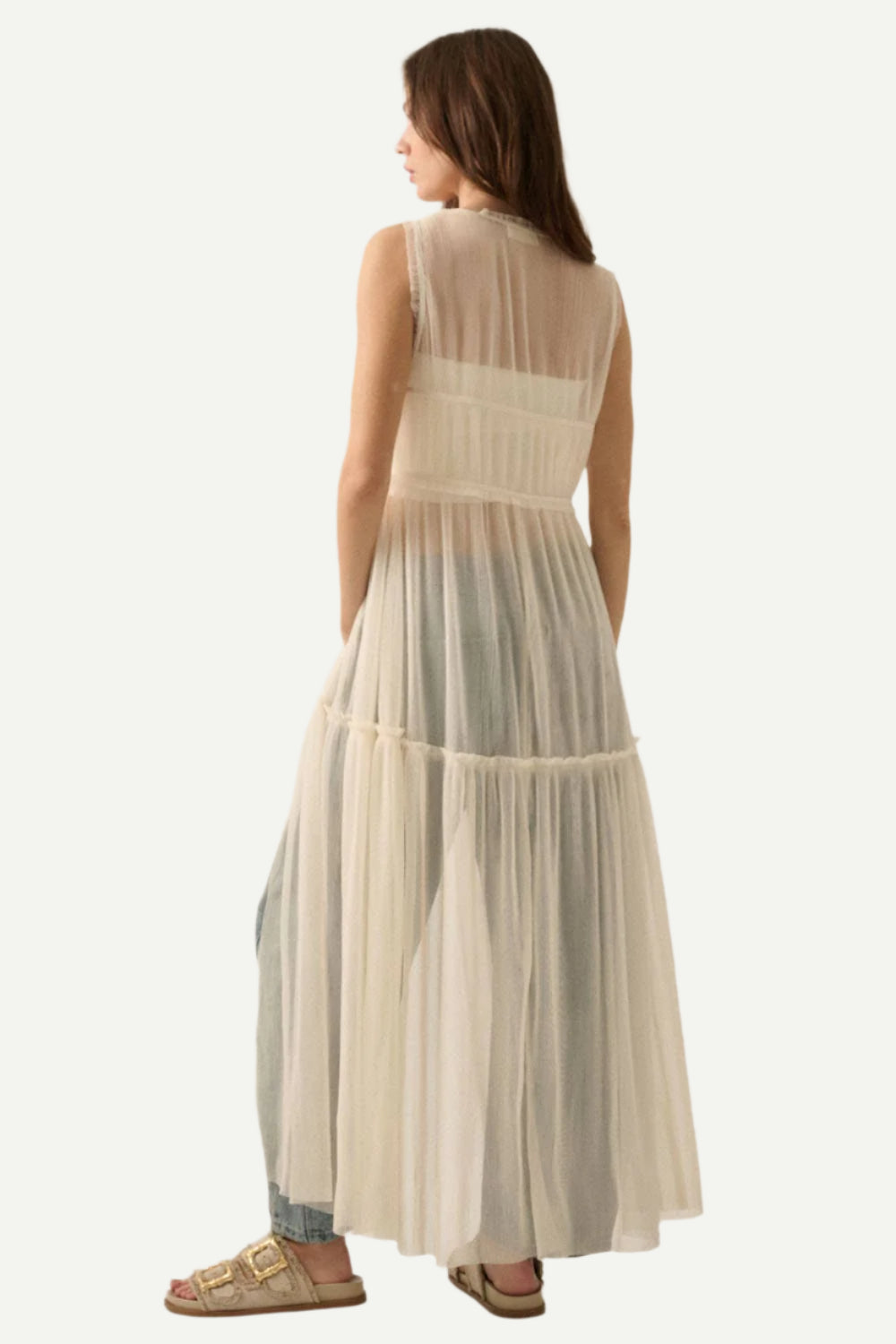 Back view of Aura Sheer Ruffle Layering Robe, styled with jeans and sandals.