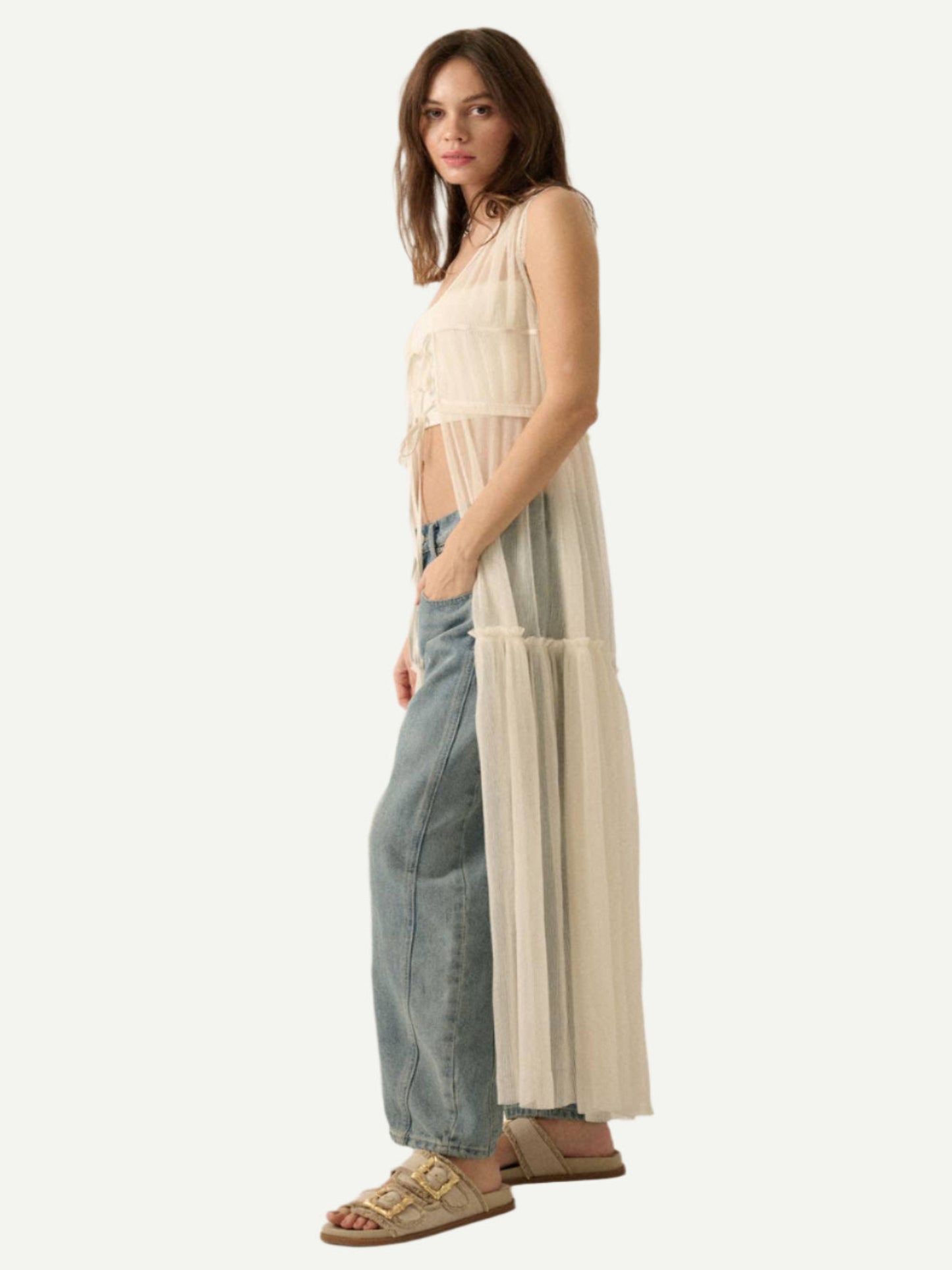 Side view of Aura Sheer Ruffle Layering Robe, styled with jeans and sandals