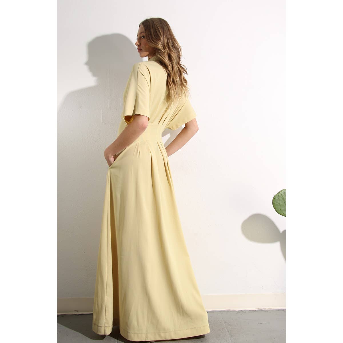 Back view of North and Five's Butter Yellow Long Button-Down Dress.