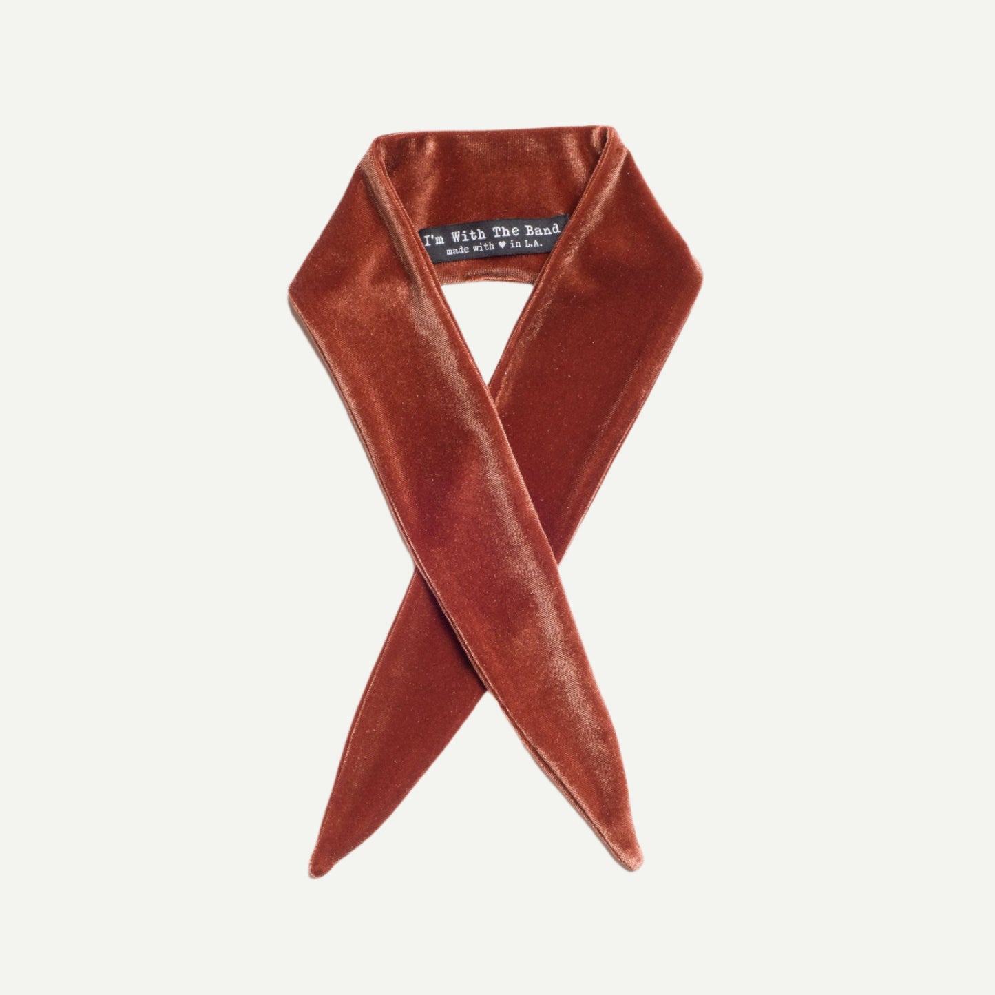 Close up of Brown Velvet Scarf Tie showing I'm With The Band label.