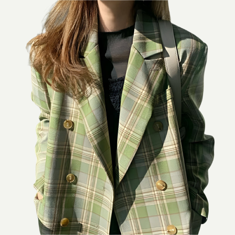 Close up of Casual Tartan Color-Block Blazer in Green