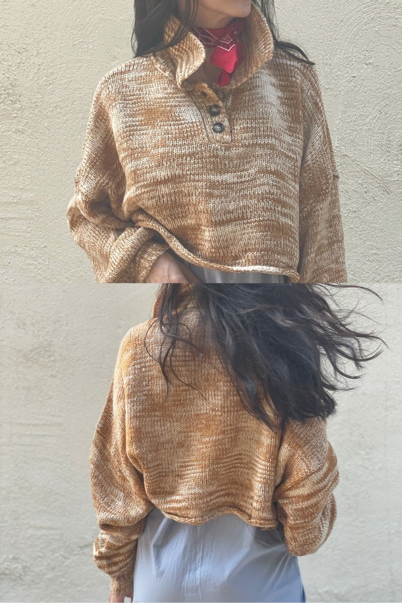 Front and back view of an orange rust knit sweater worn by a woman in blue dress and red scarf, standing against a plain background.