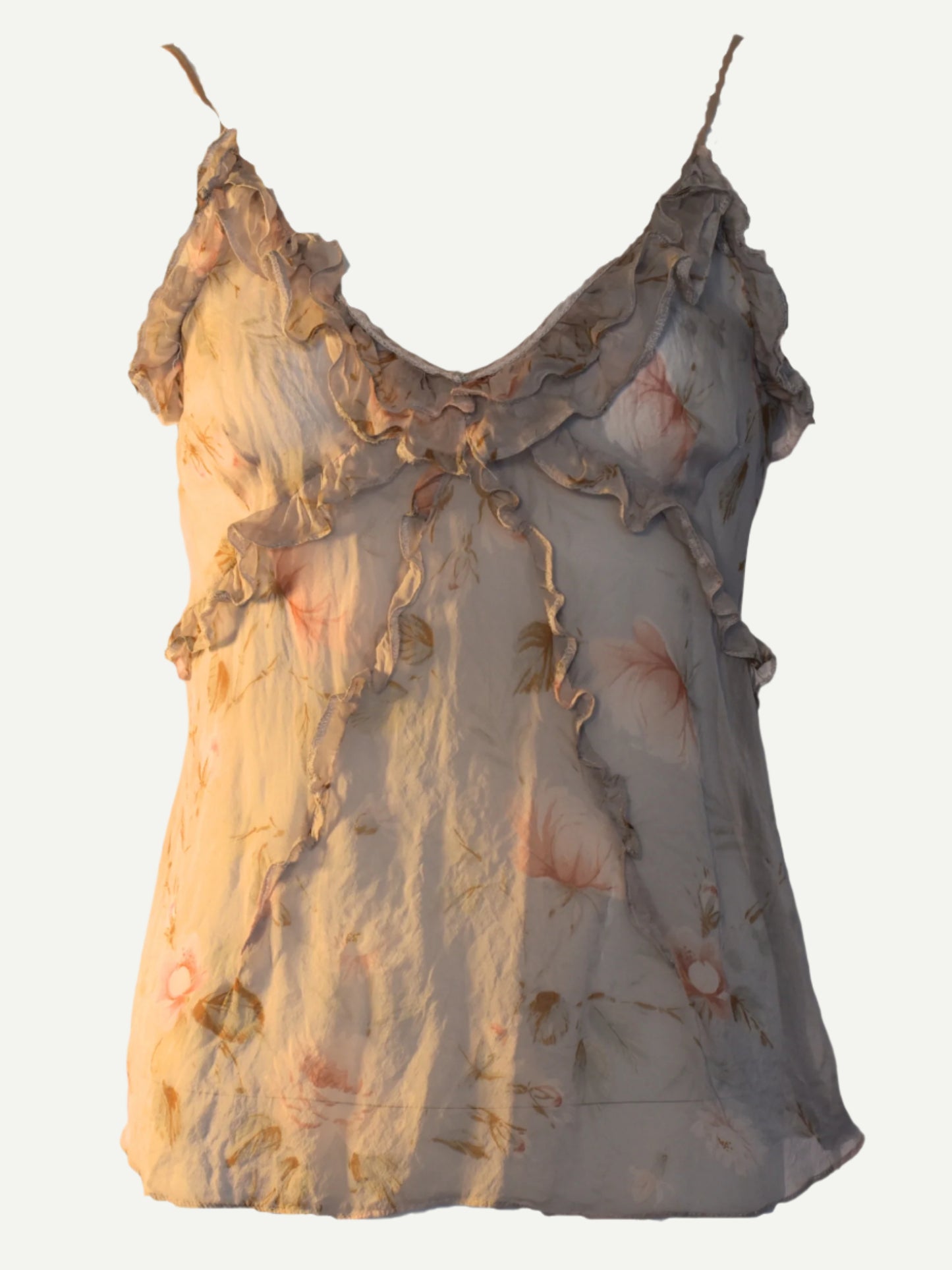 Sheer silk floral tank top by D&G from the 2004 runway, featuring delicate print and soft, romantic silhouette—lightweight and vintage-inspired.