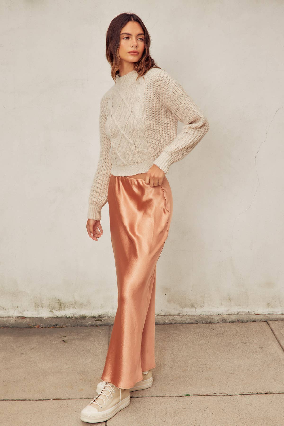 Side view of North and Five, Golden Hour Satin Maxi Skirt