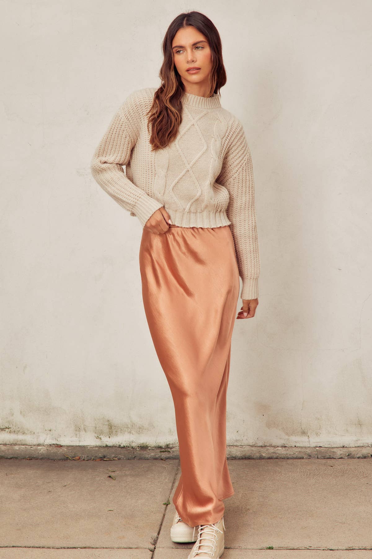 Full length view of Golden Hour Satin Maxi Skirt