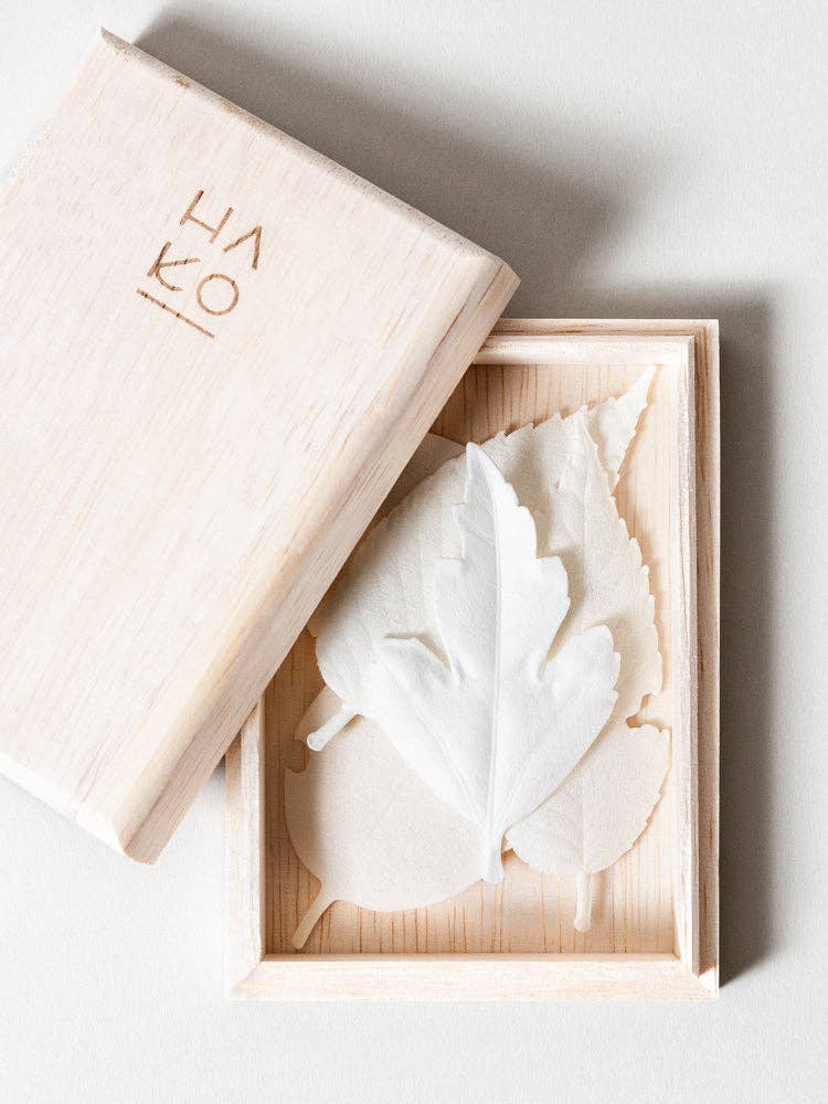 Closeup of HA KO Paper Incense inside it's wooden box with lid resting on side.