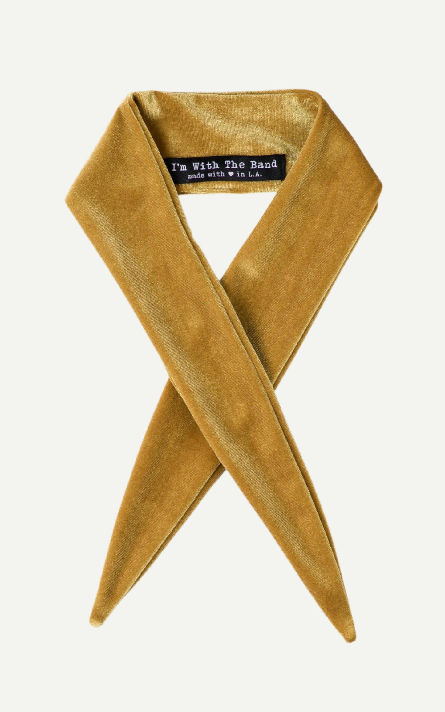 Close up of Harvest Moon Velvet Scarf Tie in yellow, and showing I'm with the Band label.