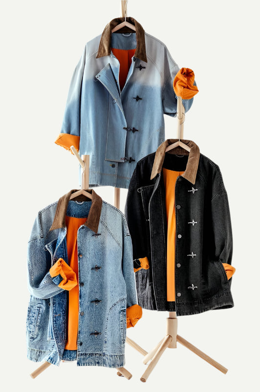 Gradient-washed denim jacket with orange lining and contrast corduroy collar, styled oversized.