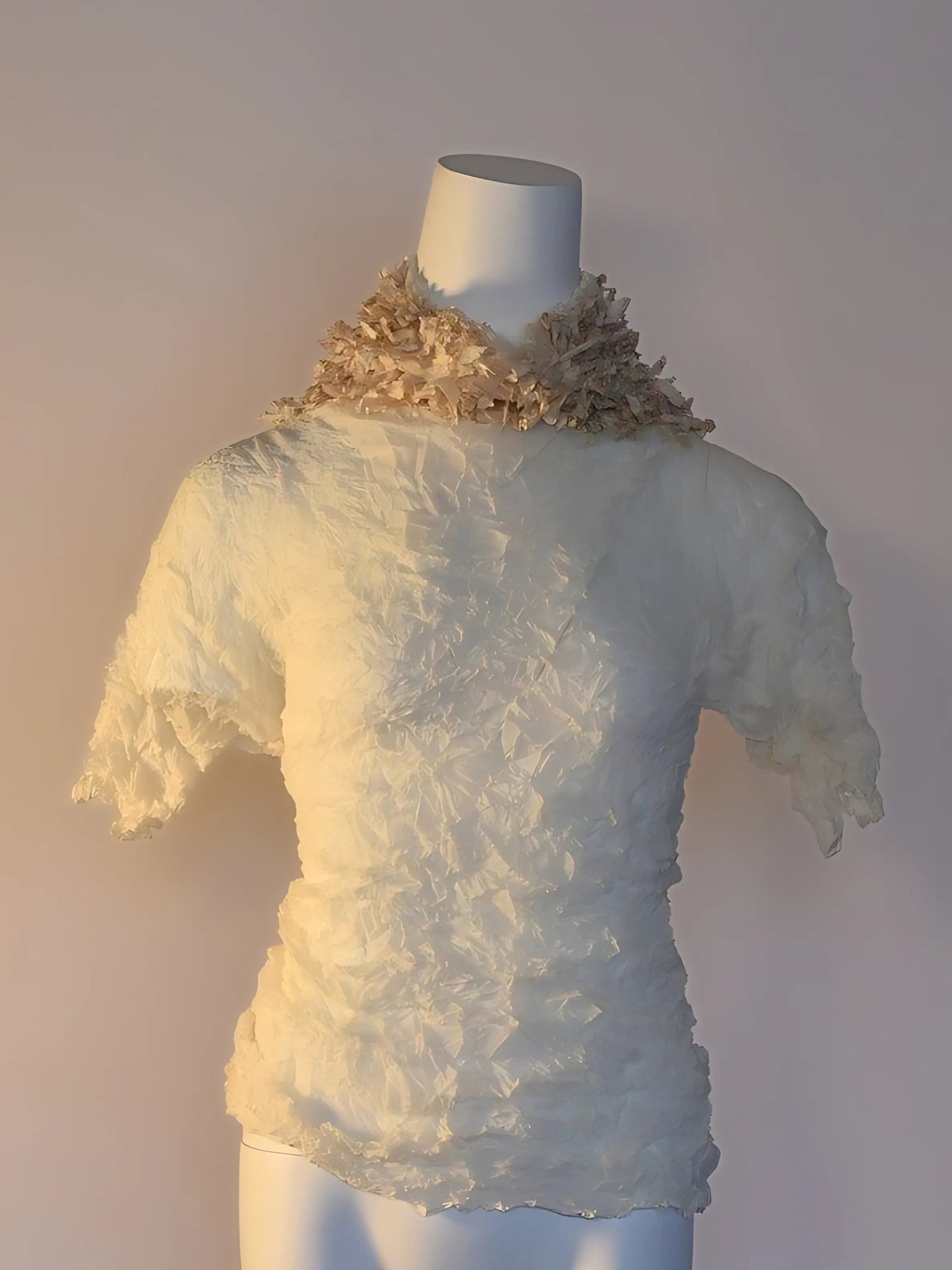 White label Issey Miyake crinkled blouse from S/S 2003 collection with sculptural mockneck and lightweight texture.