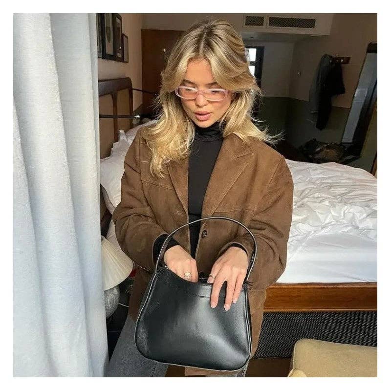 Vintage Suede Short Jacket Coat in Brown styled with black leather purse.