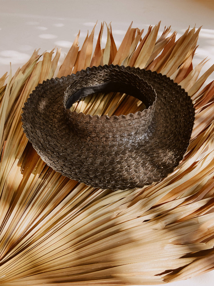 Papale Sun Hat in Black resting on large leaves in sun.