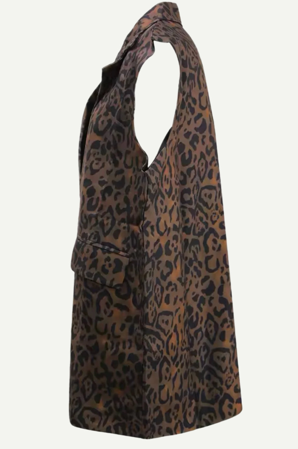 Side view of North and Five's Leopard Long Vest on neutral background.