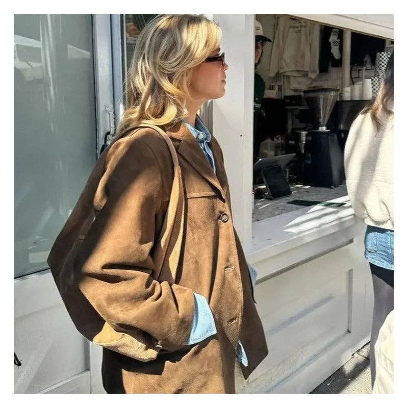 Side view of Vintage Suede Short Jacket Coat in Brown.