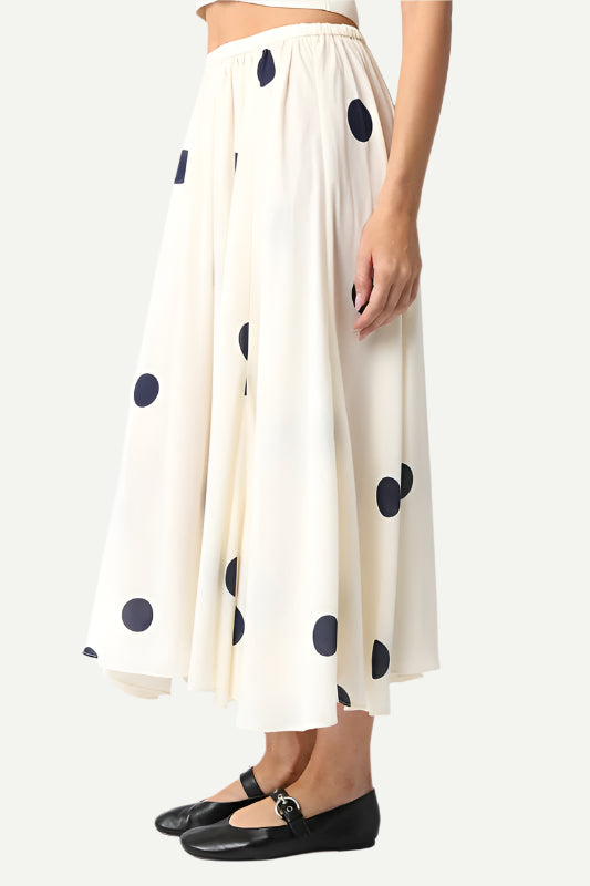 Side View of Siena Polka Dot Midi Skirt by Olivaceous.