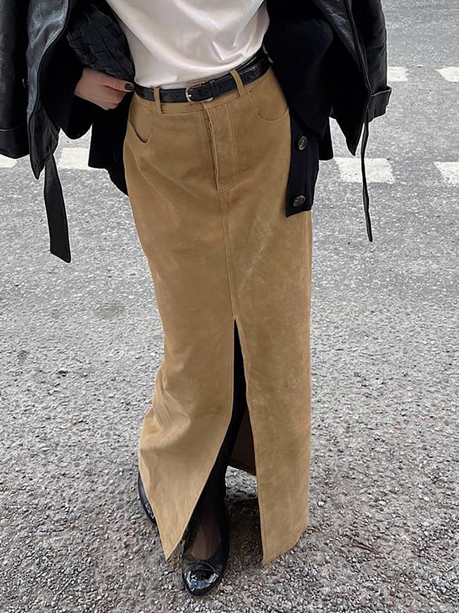 Model wears Suede Luxe High-Rise Slit Skirt with ballet flats.