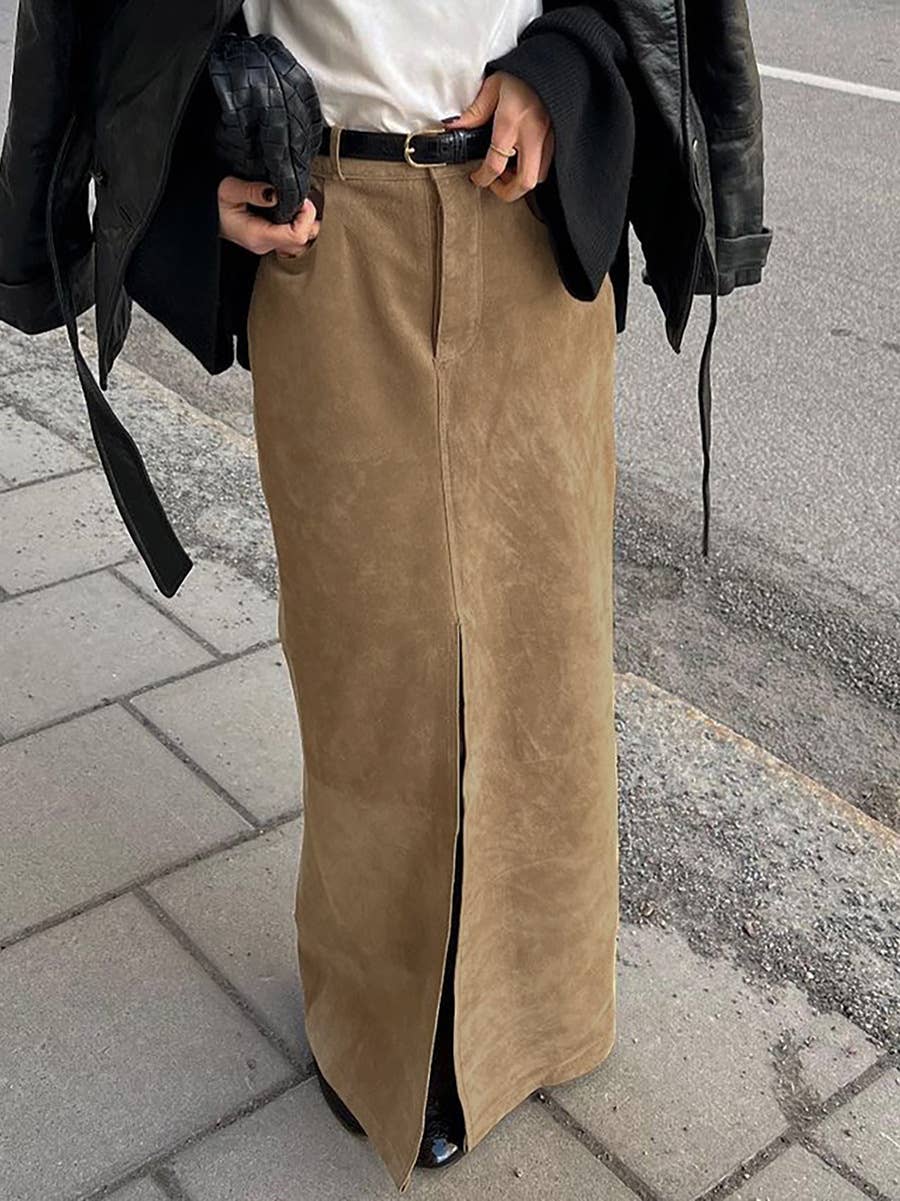 Camel faux suede midi skirt with front slit, styled with t-shirt and leather jacket.