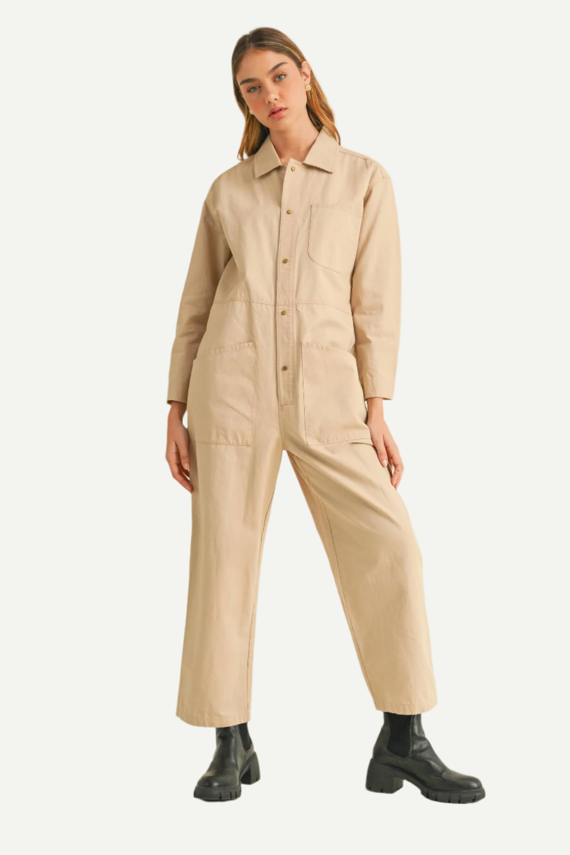 Full length view of North and Five Dune Utility Jumpsuit