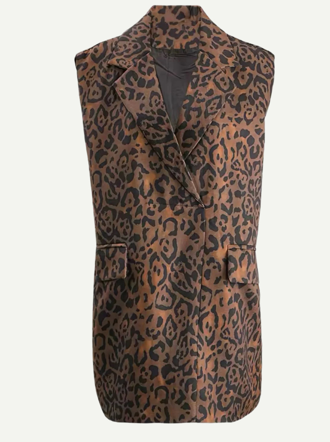 North and Five's Leopard Long Vest on neutral background. 