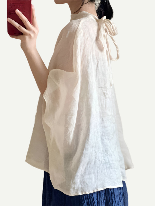 Side view of Batwing Sleeves Cream Lace-Up Linen Shirt.