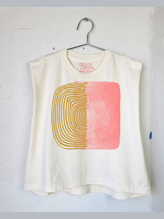 Garment-dyed cropped muscle tee in white with structured shoulders and  green and pink artsy graphic