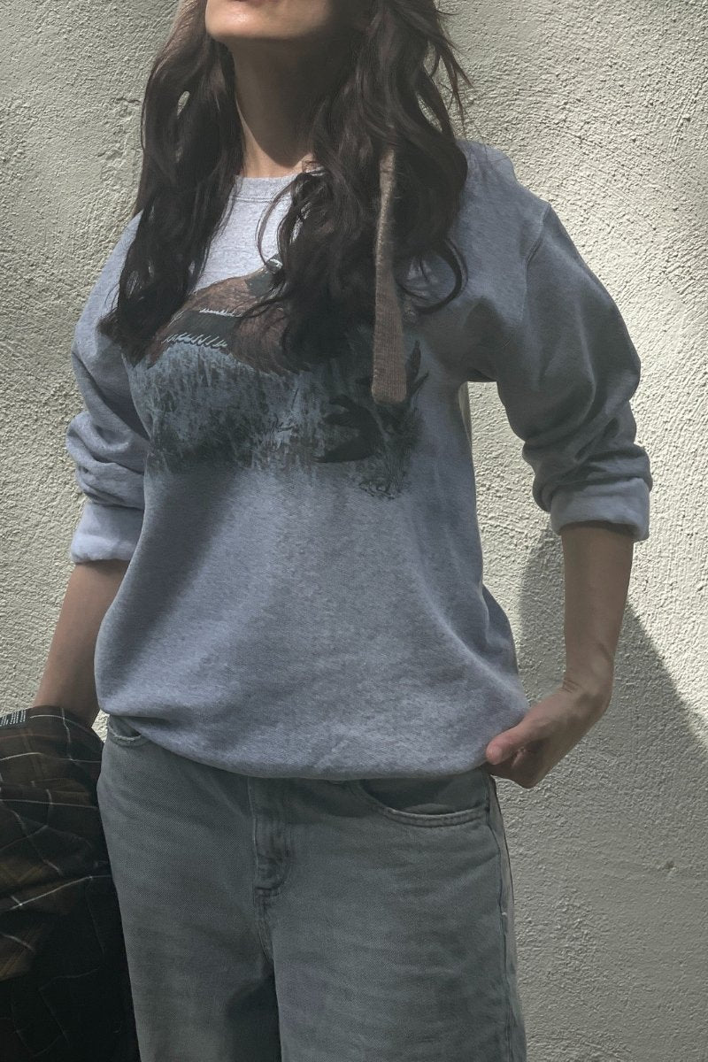 Person wearing a gray sweatshirt with a vintage duck graphic design against a plain wall.